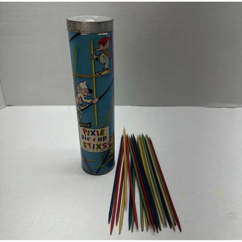 Vintage Steven Pixie Pic-Up Stix Game Original Tin Litho Tube St Louis MO